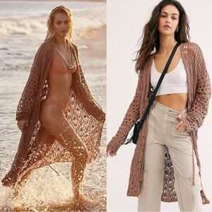 Free People Bohemian 70s Crochet Sweater Cardigan Small Tan Brown